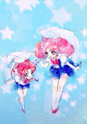 Rule 34 | 1990s (style), 2girls, :d, ahma, bishoujo senshi sailor moon, bishoujo senshi sailor moon stars, blue background, blue eyes, blue skirt, bow, bowtie, bright pupils, buttons, chibi usa, commentary, cone hair bun, double bun, flats, hair bun, holding, holding umbrella, kneehighs, looking at another, multiple girls, open hand, open mouth, pink bow, pink bowtie, pink hair, plantar flexion, puffy short sleeves, puffy sleeves, rain, red eyes, red footwear, retro artstyle, ripples, sailor collar, school uniform, serafuku, short sleeves, skirt, smile, socks, star (symbol), starry background, symbol-only commentary, tsukino usagi, umbrella, white pupils, white sailor collar, white serafuku, white socks