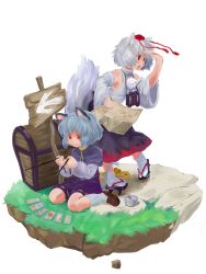 Rule 34 | 2girls, animal ears, bare shoulders, capelet, compass, detached sleeves, dowsing rod, faux figurine, female focus, grey hair, hat, highres, inubashiri momiji, japanese clothes, long sleeves, mouse ears, mouse tail, multiple girls, nazrin, red eyes, short hair, sitting, skirt, tail, tokin hat, touhou, vanilla (nekomist), white background, wolf ears, wolf tail