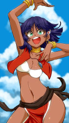Rule 34 | 1girl, :d, aono3, arm up, bandeau, blue hair, blue sky, blurry, blurry background, bob cut, bracelet, breasts, cleavage, cloud, cloudy sky, commentary, dancing, dark-skinned female, dark skin, day, depth of field, fushigi no umi no nadia, green eyes, hair ornament, highres, jewelry, loincloth, looking at viewer, medium breasts, nadia la arwall, navel, neck ring, necklace, open mouth, outdoors, pelvic curtain, red shirt, shirt, short hair, sky, sleeveless, sleeveless shirt, smile, solo, standing