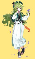 Rule 34 | 1girl, :o, ahoge, beret, black socks, collei (genshin impact), cropped shirt, flower, full body, genshin impact, green hair, green hat, green shirt, hair between eyes, hand on own cheek, hand on own face, hat, high heels, highres, holding, holding flower, long skirt, long sleeves, looking at object, open mouth, puffy sleeves, purple eyes, purple flower, shirt, sidelocks, simple background, skirt, socks, solo, standing, utori (tanakautori), white skirt, yellow background