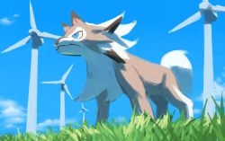 Rule 34 | blue eyes, closed mouth, cloud, commentary request, creatures (company), day, from below, game freak, gen 7 pokemon, grass, highres, lycanroc, lycanroc (midday), nintendo, no humans, one-hour drawing challenge, outdoors, pokemon, pokemon (creature), rend, sky, solo, standing, wind turbine, windmill