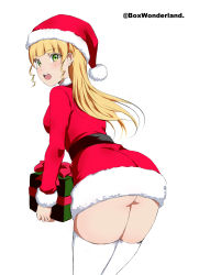 Rule 34 | 1girl, :o, absurdres, ass, ass peek, bent over, blonde hair, blunt bangs, box, box wonderland, christmas, christmas present, dress, from behind, gift, green eyes, hat, heanna sumire, highres, holding, holding box, long hair, looking at viewer, looking back, love live!, love live! superstar!!, open mouth, santa costume, santa dress, santa hat, short dress, simple background, solo, standing, thighhighs, thighs, white background, zettai ryouiki