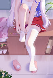Rule 34 | 1girl, azur lane, breasts, chinese commentary, cleavage, commentary request, head out of frame, highres, indoors, jacket, unworn jacket, knee up, laffey (azur lane), light purple hair, pink footwear, pink jacket, pleated skirt, putting on legwear, red skirt, see-through, see-through legwear, sitting, skirt, slippers, unworn slippers, small breasts, solo, strap slip, tank top, thighhighs, thighs, toes, twintails, white thighhighs, xiao shi lullaby