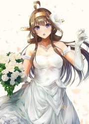 Rule 34 | ahoge, bare shoulders, blush, bouquet, breasts, brown hair, cleavage, diamond (gemstone), double bun, dress, elbow gloves, floating hair, flower, gloves, hair bun, hair flower, hair ornament, hairband, hand up, head tilt, highres, holding, holding bouquet, jewelry, kantai collection, kongou (kancolle), kongou kai ni (kancolle), konkito, lace, lace-trimmed dress, lace-trimmed gloves, lace trim, large breasts, long hair, looking at viewer, necklace, off-shoulder dress, off shoulder, open mouth, petals, purple eyes, solo, tareme, white dress, white flower