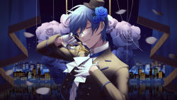 Rule 34 | 1boy, ascot, black jacket, blue eyes, blue flower, blue hair, blue rose, blue theme, brooch, city, closed eyes, floral background, flower, gloves, hair flower, hair ornament, hands up, hat, holding, holding scissors, jacket, jewelry, kaito (vocaloid), long sleeves, male focus, night, nokuhashi, open clothes, open jacket, petals, rose, scissors, smile, solo, thread, vocaloid, white gloves