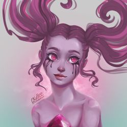 Rule 34 | 1girl, absurdres, colored skin, commentary, face, gabee schoenherr, grey background, highres, lips, parted hair, portuguese commentary, purple hair, purple skin, purple theme, runny makeup, sidelocks, signature, solo, spinel (steven universe), steven universe, twintails