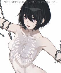 Rule 34 | 1girl, aegyo sal, black hair, bob cut, bone, chain, chained, collarbone, commentary request, completely nude, copyright name, d.k, hair between eyes, halua (human), lips, looking at viewer, nier, nier (series), nude, open mouth, restrained, ribbon, see-through body, short hair, sideways glance, simple background, solo, spine, upper body, white background