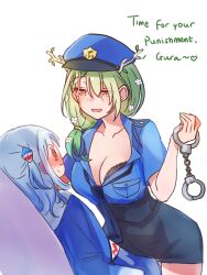 Rule 34 | 2girls, alternate costume, antlers, blue hair, blue shirt, blush, breasts, ceres fauna, cleavage, collarbone, commentary, cuffs, english commentary, english text, flatwani, flower, gawr gura, gawr gura (1st costume), green hair, grey hair, hair flower, hair ornament, handcuff dangle, handcuffs, hat, highres, holding, holding handcuffs, hololive, hololive english, horns, large breasts, long hair, multicolored hair, multiple girls, police, police badge, police hat, police uniform, policewoman, shirt, sweat, uniform, virtual youtuber, white background, yellow eyes, yuri