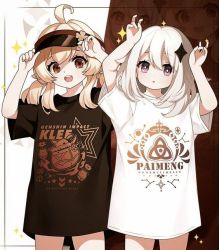 Rule 34 | +++, 2girls, ahoge, arms up, artist request, bare legs, blonde hair, brown eyes, brown shirt, clothes writing, genshin impact, hair between eyes, hair ornament, hat, klee (genshin impact), low twintails, medium hair, multiple girls, open mouth, oversized clothes, oversized shirt, paimon (genshin impact), pointy ears, purple eyes, shirt, short sleeves, source request, star (symbol), star hair ornament, t-shirt, twintails, v, white hair, white shirt