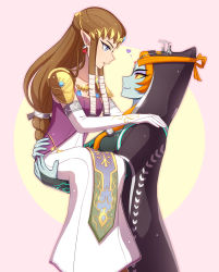 Rule 34 | 2girls, armor, blue eyes, blue skin, brown hair, carrying, colored sclera, colored skin, dress, earrings, elbow gloves, enni, gloves, heart, highres, hood, hood up, jewelry, long hair, looking at another, midna, midna (true), multiple girls, nintendo, orange hair, pointy ears, princess carry, princess zelda, red eyes, shoulder armor, the legend of zelda, the legend of zelda: twilight princess, white gloves, yellow sclera, yuri