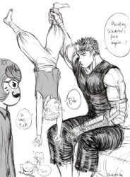 Rule 34 | 2girls, 3boys, aki (akistrike), anger vein, angry, bandaged arm, bandaged hand, bandages, berserk, black tank top, commentary, dangling, drawing, drawing on another&#039;s face, english commentary, english text, evarella (berserk), guts (berserk), holding, holding another&#039;s foot, holding paintbrush, isidro (berserk), looking at another, multiple boys, multiple girls, paintbrush, prosthesis, prosthetic arm, puck (berserk), schierke (berserk), speech bubble, spiked hair, tank top, upside-down