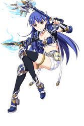 Rule 34 | 1girl, absurdres, armor, axe, bikini armor, blue hair, breakburst, breasts, brown eyes, choker, dagger, full body, highres, holding, holding weapon, kai (breakburst), knife, long hair, official art, pauldrons, shorts, shoulder armor, small breasts, solo, thigh strap, thighhighs, transparent background, weapon