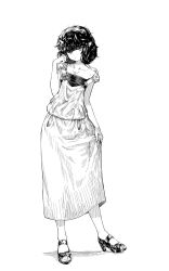 Rule 34 | 1girl, bare shoulders, black hair, full body, greyscale, head tilt, highres, holding, holding clothes, holding skirt, horns, jaco, long skirt, looking at viewer, monochrome, original, overalls, pointy ears, shoes, short hair, skirt, slit pupils, solo, standing, toeless footwear, white background