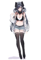 Rule 34 | 1girl, absurdres, august von parseval (azur lane), azur lane, breasts, cleavage, denim, full body, grey eyes, grey hair, hair ornament, highres, horns, large breasts, long hair, long sleeves, navel, simple background, solo, suimo (suimodayo), thighhighs