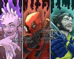 1girl 2boys afdsbm aura bald bald_girl beard black_gloves bodysuit brown_hair cassandra_nova claw_(weapon) clenched_hands closed_mouth coat commentary deadpool deadpool_&amp;_wolverine deadpool_(series) domain_expansion english_commentary english_text facial_hair gloves highres jujutsu_kaisen lips marvel marvel_cinematic_universe multiple_boys parody red_bodysuit red_mask split_screen superhero_costume teeth upper_body weapon wolverine_(x-men) x-men yellow_bodysuit