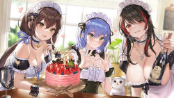 Rule 34 | 3girls, apron, bare shoulders, bell, black hair, black neckwear, black wrist cuffs, blue hair, blue nails, blue ribbon, blush, bottle, bow, bowtie, breasts, brown eyes, brown hair, brown ribbon, cake, cat, character request, choker, cleavage, closed mouth, collarbone, copyright request, cup, drinking glass, food, frilled apron, frills, fruit, green eyes, hair between eyes, hair ribbon, heart, heart hands, highres, holding, holding bottle, houchi shoujo, indoors, jewelry, large breasts, long hair, looking at viewer, maid, maid headdress, medium breasts, medium hair, multicolored hair, multiple girls, nail polish, neck bell, necklace, open mouth, parted lips, red eyes, red hair, ribbon, short sleeves, smile, strawberry, streaked hair, upper body, white apron, white headwear, whoisshe, window, wine bottle, wine glass, wrist cuffs