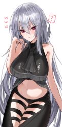 Rule 34 | 1girl, ?, arknights, ascot, bare arms, bare shoulders, black ascot, black pants, breasts, clothing cutout, commentary request, cowboy shot, grey hair, hand up, highres, horn/wood, large breasts, leggings, long hair, looking at viewer, midriff, navel, pants, red eyes, simple background, skadi (arknights), skadi (elite ii) (arknights), sleeveless, solo, spoken question mark, stomach, thigh cutout, thighs, very long hair, white background