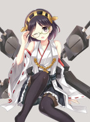 Rule 34 | 10s, 1girl, bad id, bad pixiv id, bare shoulders, black hair, detached sleeves, glasses, hairband, harimoji, highres, japanese clothes, kantai collection, kirishima (kancolle), long hair, nontraditional miko, one eye closed, open mouth, pantyhose, personification, ribbon-trimmed sleeves, ribbon trim, short hair, skirt, solo, wink
