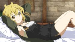 Rule 34 | 1girl, argo the rat, armpits, arms behind head, bed, bed sheet, black shirt, black shorts, blonde hair, breasts, brown eyes, cleavage, collarbone, facial mark, from side, game cg, green jacket, indoors, jacket, looking at viewer, lying, medium breasts, official art, on back, open clothes, open jacket, pillow, shirt, short hair with long locks, short shorts, shorts, sideboob, sidelocks, sleeveless, sleeveless shirt, smile, solo, sword art online