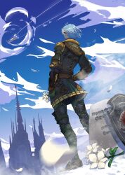 Rule 34 | 1boy, absurdres, armor, blue hair, blurry, blurry foreground, cathedral, chainmail, cloud, cloudy sky, commentary, contrail, cyrushisa, english commentary, final fantasy, final fantasy xiv, flower, from behind, haurchefant greystone, highres, holding, holding flower, male focus, orchid, pointy ears, shield, shoulder armor, sky, snow, solo, spacecraft, tombstone, tunic, white flower, white petals