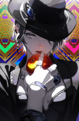 Rule 34 | 1girl, abstract background, alternate costume, androgynous, apple, artist name, black hair, black hat, black jacket, bracelet, breasts, commentary, ear piercing, earrings, eating, expressionless, final fantasy, final fantasy xiv, food, fruit, grey eyes, hand up, hat, hat ornament, hat over one eye, highres, holding, holding food, holding fruit, jacket, jewelry, looking at viewer, migo45, necklace, one eye covered, open clothes, open jacket, open mouth, pale skin, piercing, portrait, ring, short hair, signature, small breasts, solo, straight-on, zero (ff14)