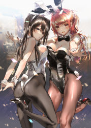 Rule 34 | 2girls, animal ears, ass, asymmetrical docking, black bow, black bowtie, black footwear, black hair, black legwear, black leotard, bow, bowtie, breast press, breasts, bunny day, cleavage, detached collar, fake animal ears, high heels, leotard, long hair, medium breasts, medium hair, multiple girls, original, pantyhose, playboy bunny, rabbit ears, rabbit tail, red eyes, red hair, standing, standing on one leg, strapless, strapless leotard, tail, tooka, twintails, white leotard, wrist cuffs