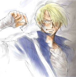 Rule 34 | 1boy, bandages, blonde hair, burns, cigarette, collared shirt, hair over one eye, injury, lowres, male focus, one piece, open clothes, open shirt, sanji (one piece), shirt, skypiea, smoke, smoking, solo, t-shirt