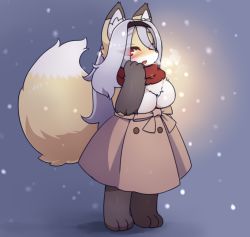 Rule 34 | fox, furry, grey hair, kuroyurihaze, long hair, open mouth, red eyes, winter