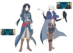 Rule 34 | 2boys, arrow (projectile), bandages, bird, black hair, blue cape, boots, brown footwear, cape, closed eyes, cosplay, crow, eyepatch, facial mark, fire emblem, fire emblem: path of radiance, fire emblem: the sacred stones, fire emblem awakening, fire emblem fates, fire emblem heroes, forehead mark, henry (fire emblem), holding, holding arrow, hood, hood down, joshua (fire emblem), joshua (fire emblem) (cosplay), knee boots, long hair, long sleeves, male focus, multiple boys, niles (fire emblem), niles (fire emblem) (cosplay), nintendo, noviipop, open mouth, pants, red eyes, short hair, simple background, soren (fire emblem), white background, white hair