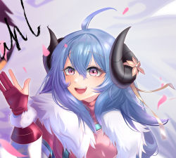 Rule 34 | 1girl, absurdres, ahoge, alternate costume, alternate eye color, alternate hair color, alternate hairstyle, animal ears, arm up, blue hair, blush, cherry blossoms, curled horns, fingerless gloves, flower, fur (clothing), gloves, hair between eyes, hair flower, hair ornament, highres, horns, japanese clothes, kindred (league of legends), lamb (league of legends), league of legends, long hair, long sleeves, netisz, official alternate costume, official alternate hairstyle, open mouth, petals, pink eyes, purple hair, ribbon, simple background, spirit blossom kindred, teeth, upper teeth only, waving, white background, white fur, white hair, wolf, wolf (league of legends)