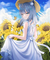 Rule 34 | 1girl, alternate costume, animal ear fluff, animal ears, bare arms, bare shoulders, blue archive, blue butterfly, blue eyes, blue hair, blue sky, blush, bug, butterfly, cat ears, closed mouth, clothes lift, cloud, cloudy sky, day, dress, dress lift, field, flower, flower field, frilled dress, frills, from side, hair between eyes, hair ornament, hairclip, hat, highres, insect, long hair, looking at viewer, looking back, outdoors, ribbon, shiroko (blue archive), skirt hold, sky, sleeveless, sleeveless dress, smile, solo, standing, straw hat, sundress, sunflower, sunflower field, tail, tikakaa, white dress, x hair ornament, yellow flower