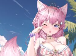 Rule 34 | 1girl, animal ear fluff, animal ears, antenna hair, bikini, bird, black choker, blue sky, bow, bow bikini, bracelet, braid, breasts, butterfly ornament, chemical structure, choker, cleavage, cloud, collarbone, crystal shoujo, frilled bikini top, hair ornament, hakui koyori, heart, heart bikini, heart choker, highres, hololive, jewelry, large breasts, long hair, looking at viewer, one eye closed, palm tree, pink hair, purple eyes, sky, solo, swimsuit, tail, tree, upper body, virtual youtuber, wolf ears, wolf girl, wolf tail