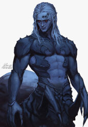 Rule 34 | 1boy, abs, arachne boy, artist name, baldur&#039;s gate, baldur&#039;s gate 3, black sclera, blue hair, blue skin, carapace, claws, clothing cutout, colored sclera, colored skin, commentary, cowboy shot, dungeons &amp; dragons, english commentary, extra eyes, facial scar, frown, furrowed brow, glowing, glowing eyes, highres, joints, kar&#039;niss, looking to the side, male focus, medium hair, monster boy, pointy ears, red eyes, replica004, scar, scar on cheek, scar on face, signature, simple background, solo, spider boy, stomach cutout, taur, white background