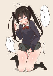 Rule 34 | 1girl, absurdres, between legs, black socks, blue sweater, blush, bow, bowtie, breasts, brown background, brown hair, closed mouth, embarrassed, female focus, foot up, full body, green skirt, half-closed eyes, hand between legs, hand up, have to pee, highres, japanese text, kneehighs, kneeling, knees together feet apart, kuno (kc9s), long hair, long sleeves, looking up, miniskirt, original, pleated skirt, red bow, red bowtie, school uniform, shiny skin, shirt, simple background, skirt, small breasts, socks, solo, speech bubble, sweat, sweater, tears, thigh gap, translation request, trembling, twintails, white shirt