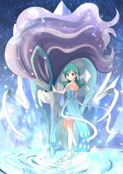 Rule 34 | 1girl, aqua dress, aqua eyes, aqua hair, back, bare back, bare shoulders, breasts, choker, collarbone, commentary request, creatures (company), crystal, dress, erin oekaki0803, feet, from side, full body, game freak, gen 2 pokemon, hair ornament, halter dress, halterneck, high heel sandals, high heels, highres, kris (pokemon), kris (sygna suit) (pokemon), legendary pokemon, looking at viewer, medium hair, nintendo, official alternate costume, pokemon, pokemon (creature), pokemon masters ex, ripples, sandals, shorts, shorts under dress, side slit, small breasts, standing, standing on liquid, star (symbol), starry background, suicune, toes, water, wrist cuffs