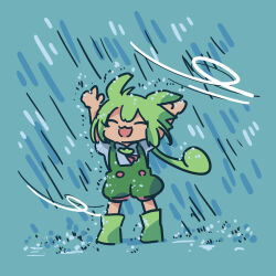 Rule 34 | 1girl, :3, absurdres, arms up, ayakashi (monkeypanch), blue background, boots, closed eyes, full body, green footwear, green hair, green shorts, highres, open mouth, outdoors, puffy shorts, rain, short sleeves, shorts, smile, solo, standing, suspender shorts, suspenders, voiceroid, voicevox, zundamon
