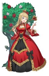 Rule 34 | 1girl, :d, alice in wonderland, black bow, blonde hair, blue eyes, blunt bangs, bow, cosplay, crown, dress, flower, frilled dress, frills, full body, heart, highres, long hair, looking at viewer, official art, open mouth, pointing, princess (princess principal), princess principal, princess principal game of mission, queen of hearts (alice in wonderland), queen of hearts (cosplay), red dress, rose, scepter, smile, solo, standing, transparent background, tree, white flower, white rose, wide sleeves