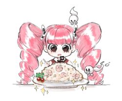 Rule 34 | 1girl, aged down, artist request, big hair, child, devil fruit, dress, eating, food, ghost, highres, long hair, one piece, perona, pink hair, simple background, solo, standing, very long hair