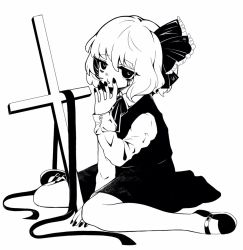 Rule 34 | 1girl, :o, arm support, commentary, cross, crying, crying with eyes open, fingernails, frilled ribbon, frills, full body, greyscale, hair between eyes, hair ribbon, hand on own face, hand up, hanokami, high contrast, jitome, latin cross, long sleeves, looking at viewer, monochrome, neckerchief, on floor, open mouth, ribbon, rumia, shirt, shoes, short hair, sitting, skirt, sleeve cuffs, solo, tears, touhou, vest, wariza