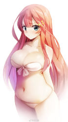Rule 34 | 1girl, arms behind back, bare shoulders, belly, bikini, blue eyes, blush, breasts, cleavage, cowboy shot, go-toubun no hanayome, hair flaps, hair ornament, highres, large breasts, long hair, looking at viewer, muffin top, nakano itsuki, navel, pink hair, plump, sidelocks, simple background, skindentation, solo, songchuan li, star (symbol), star hair ornament, strapless, strapless bikini, swimsuit, very long hair, weibo watermark, white background, white bikini