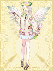 Rule 34 | 1girl, :d, angel wings, backpack, badge, bag, bandaid, bandaid on knee, bandaid on leg, blue skirt, bow, brooch, brown footwear, button badge, cardigan, cellphone, chain paradox, collared shirt, colored inner hair, duck hair ornament, flower, flower wreath, frilled skirt, frills, full body, green eyes, green hair, green necktie, grey hair, head wreath, highres, holding, holding phone, jewelry, loafers, long sleeves, looking at viewer, medium hair, multicolored hair, musical note, necktie, open mouth, orange pupils, parted bangs, phone, phone with ears, pleated skirt, rainbow, school uniform, shamoku toriko, shichimi, shirt, shoes, skirt, sleeves past wrists, smartphone, smartphone case, smile, socks, solo, standing, striped clothes, striped socks, white shirt, white socks, white wings, wings, yellow cardigan, yellow flower