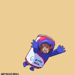 Rule 34 | 1girl, animated, blue eyes, blue skirt, blue vest, brown hair, can, collared shirt, cosplay, costume, drink can, fall guy, fall guy (cosplay), fall guys, hair ornament, hololive, long hair, open hand, open mouth, panzsan, pixel art, shirt, skirt, sleeveless, sleeveless shirt, soda can, solo, spinning, star (symbol), star hair ornament, surprised, thighhighs, tokino sora, tokino sora (1st costume), vest, video, virtual youtuber, white eyes, white shirt, wrist cuffs, yellow background