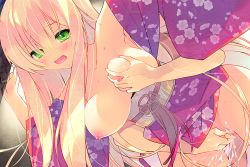 Rule 34 | 1boy, 1girl, :o, arikawa satoru, blonde hair, blush, grabbing another&#039;s breast, breasts, censored, clothed sex, collarbone, doggystyle, fingering, floral print, flower knight girl, game cg, grabbing, grabbing from behind, green eyes, hanging breasts, hetero, japanese clothes, kimono, large breasts, long hair, mosaic censoring, nipples, official art, open clothes, open kimono, open mouth, print kimono, purple kimono, reach-around, ryuzetsuran (flower knight girl), sex, sex from behind, vaginal