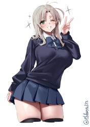 1girl black_sweater black_thighhighs blue_bow blue_skirt bow breasts collared_shirt commentary_request cropped_legs dress_shirt ebifurya green_eyes grey_hair hand_up highres kantai_collection kinugasa_(kancolle) long_hair long_sleeves looking_at_viewer medium_breasts one-hour_drawing_challenge one_eye_closed parted_bangs pleated_skirt school_uniform shirt simple_background skirt solo sweater thighhighs twitter_username v white_background white_shirt