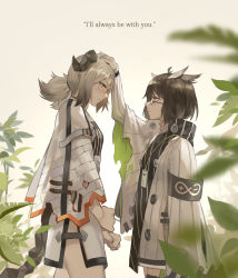 Rule 34 | 2girls, arknights, armband, blonde hair, bob cut, brown hair, burnt clothes, buttons, cloak, feather hair, feathers, frown, glasses, hand on another&#039;s head, headpat, high collar, horns, ifrit (arknights), lanyard, leaf, long sleeves, looking at another, miniskirt, multiple girls, narakuuu, plant, red eyes, rhine lab logo, silence (arknights), skirt, smile, strap, tail, twintails, upset, yellow eyes