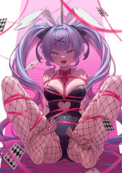 Rule 34 | 1girl, :d, ace (playing card), ace of hearts, animal ears, arms behind back, bare shoulders, black leotard, blue eyes, blue hair, blue nails, blush, bound, bound arms, bound legs, bow, bowtie, breasts, cameltoe, card, cleavage, clothing cutout, covered navel, detached collar, fishnet pantyhose, fishnets, floating card, full body, hair between eyes, hair ornament, hairband, hatsune miku, heart, heart-shaped pupils, heart cutout, heart hair ornament, highres, knees apart feet together, leg ribbon, legs, legs up, leotard, long hair, medium breasts, multicolored hair, nail polish, open mouth, pantyhose, pink hair, pink ribbon, playing card, pole, rabbit ears, rabbit girl, rabbit hole (vocaloid), red bow, red bowtie, restrained, ribbon, silentcity, skindentation, smile, solo, spaghetti strap, spread legs, strap slip, streaked hair, stripper pole, symbol-shaped pupils, twintails, two-tone hair, very long hair, vocaloid, white hairband, x hair ornament