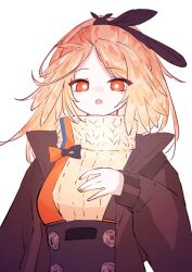 Rule 34 | 1girl, :o, arknights, black jacket, black skirt, bright pupils, buttons, feather hair, highres, jacket, long hair, long sleeves, mole, mole under eye, nazo no hana, open clothes, open jacket, open mouth, orange eyes, orange nails, pinecone (arknights), ribbed sweater, simple background, skirt, solo, sweater, turtleneck, turtleneck sweater, upper body, white background, white pupils, yellow sweater