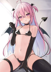 Rule 34 | 1girl, :d, absurdres, ahoge, arm support, asymmetrical legwear, bat wings, bikini, black bikini, black gloves, black thighhighs, black wings, blush, breasts, cleavage, closed mouth, collar, commentary request, demon girl, demon tail, elbow gloves, girl on top, gloves, head wings, heart, heart ahoge, highres, indoors, long hair, looking at viewer, mismatched legwear, multiple wings, navel, okiq, open mouth, original, pink eyes, pink hair, simple background, sitting, small breasts, smile, solo focus, sweat, swimsuit, tail, thigh strap, thighhighs, tongue, tongue out, two side up, white background, wings