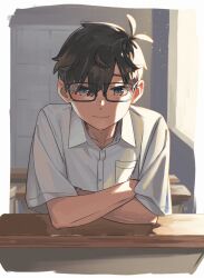 Rule 34 | 1boy, antenna hair, black-framed eyewear, black hair, blue eyes, breast pocket, classroom, closed mouth, collared shirt, crossed arms, desk, glasses, highres, light particles, light smile, looking at viewer, male focus, mi (pic52pic), original, pocket, school desk, shirt, short hair, short sleeves, sidelighting, white shirt, window
