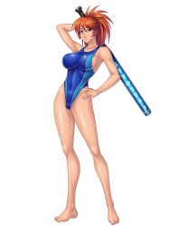 Rule 34 | 1girl, arms up, baseball bat, bikini, black bikini, breasts, cara the blood lord, competition swimsuit, covered erect nipples, groin, hand on own hip, highres, kagami hirotaka, kamimura azuma, lilith-soft, one-piece swimsuit, open clothes, open shirt, orange hair, purple eyes, shirt, solo, swimsuit, weapon